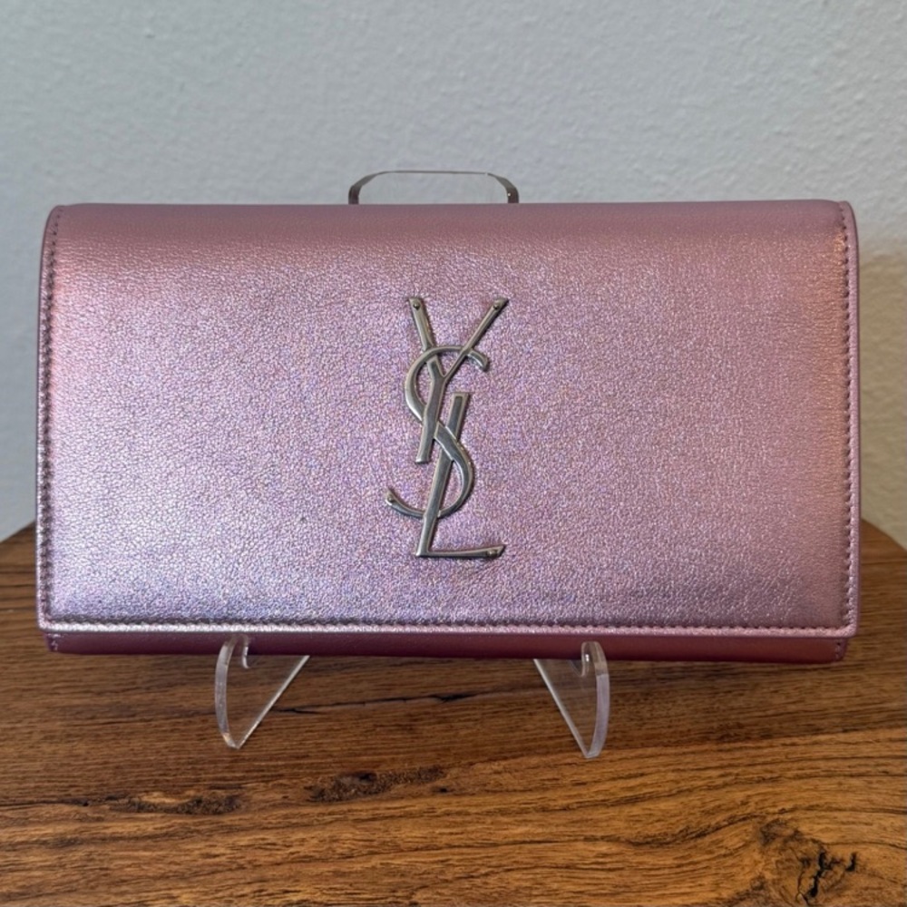Yves Saint Laurent YSL Shimmering Pink Metallic Azalea Wallet Large Clutch